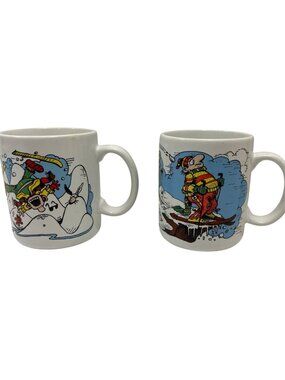 Stoneware Coffee Mugs Snow Skiing Cartoon By Paterson USA 1980s Set Of 2